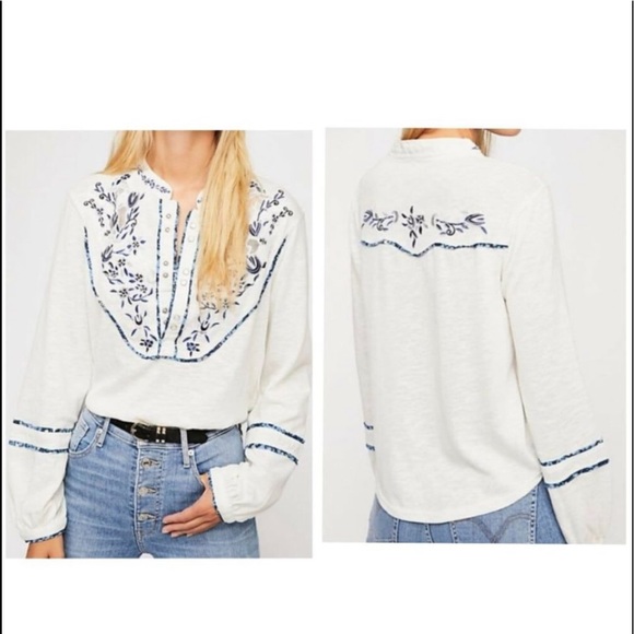 Free People Sundance Western Embroidered Henley Boho Top- Size Medium - Picture 14 of 16